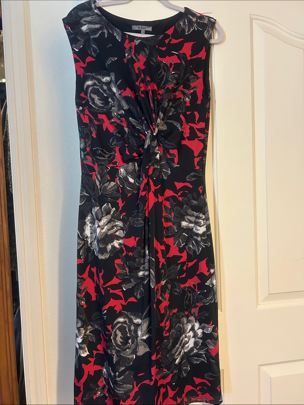 Kavio Black, Red & Silver Floral Knot-Front Midi Dress